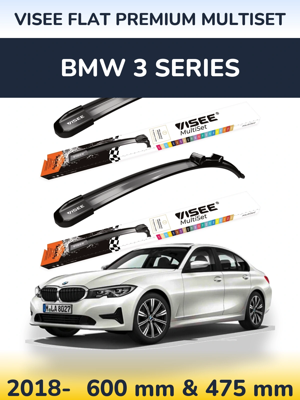 Комплект передних дворников VISEE FLAT PREMIUM MultiSet 600 & 475 мм для BMW 3 Series 2018-2026