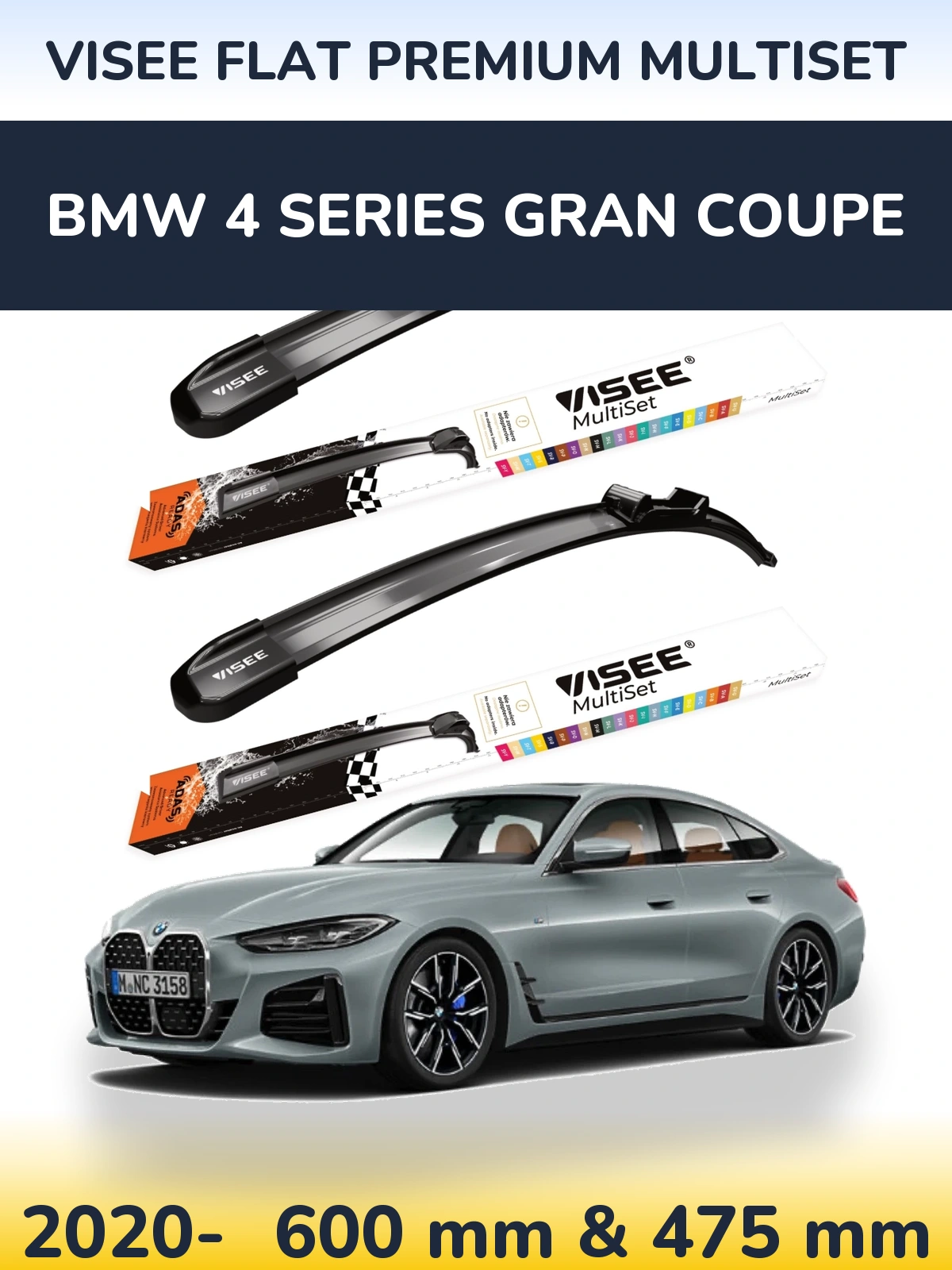 Komplet przednich wycieraczek VISEE FLAT PREMIUM MultiSet 600 & 475 mm do BMW Seria 4 Gran Coupe 2020-2026