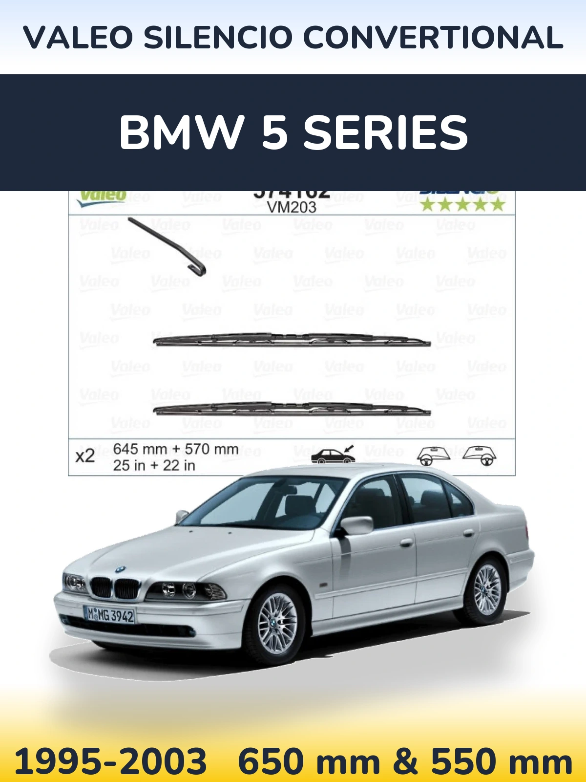 Komplet przednich wycieraczek Valeo Silencio Convertional 645 & 570 mm do BMW Seria 5 1995-2003
