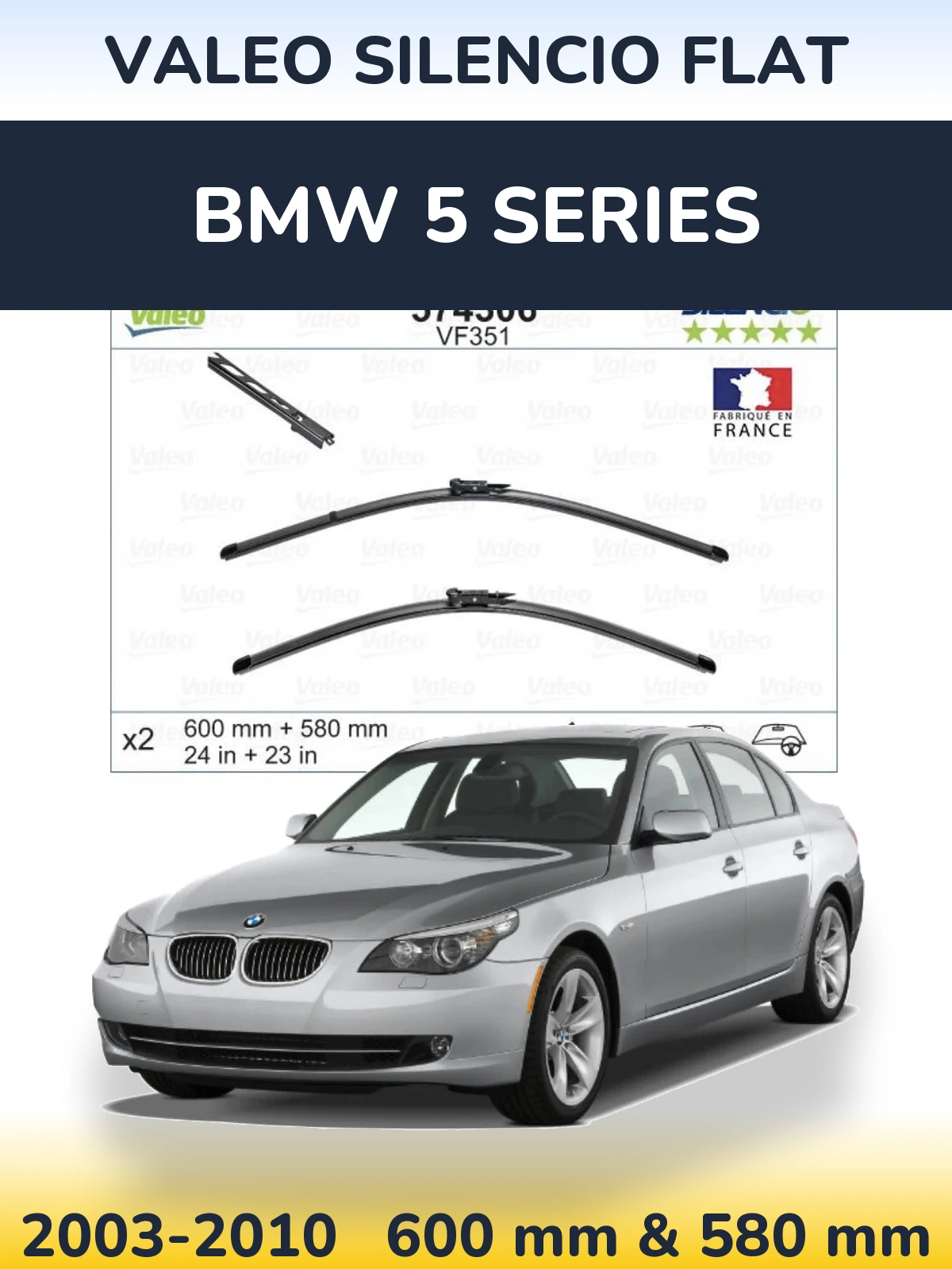 Komplet przednich wycieraczek Valeo Silencio Flat 600 & 580 mm do BMW Seria 5 2003-2010