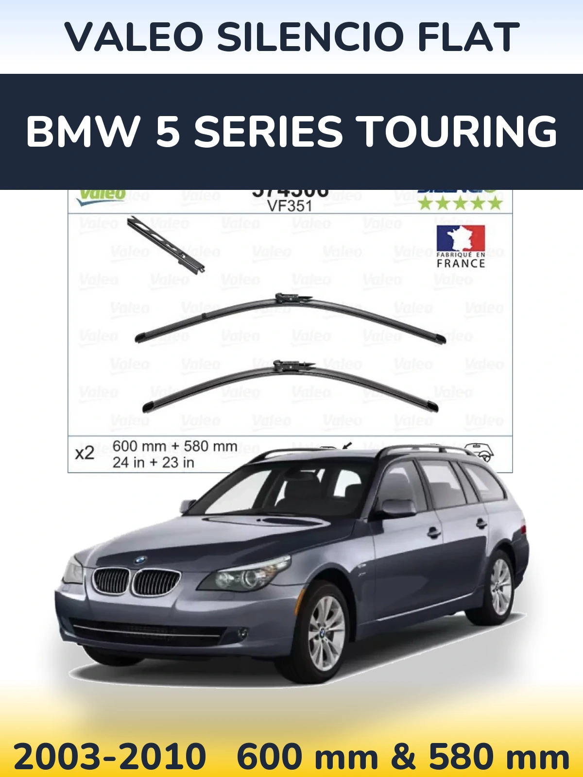 Комплект передних дворников Valeo Silencio Flat 600 & 580 мм для BMW 5 Series Touring 2003-2010