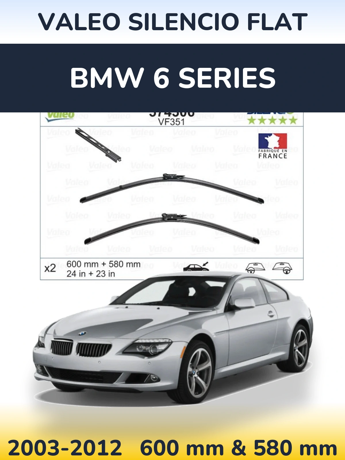 Комплект передних дворников Valeo Silencio Flat 600 & 580 мм для BMW 6 Series 2003-2012