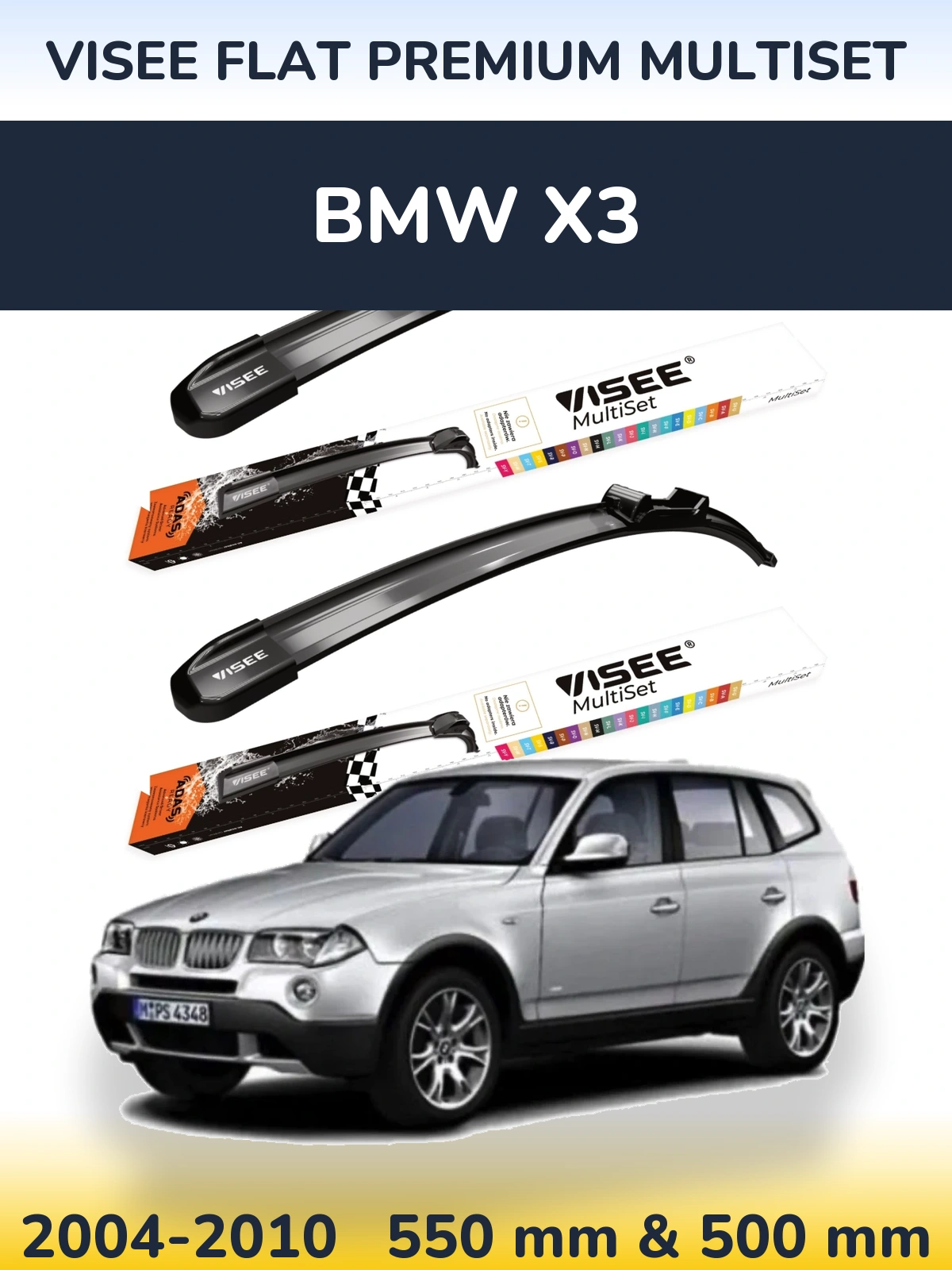 Front wiper blade set VISEE FLAT PREMIUM MultiSet 550 & 500 mm for BMW X3 2004-2010