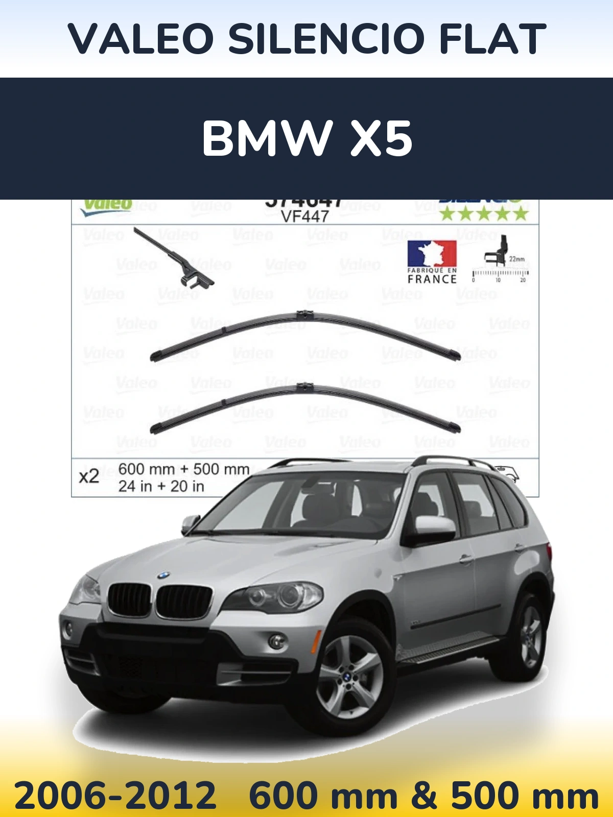 Komplet przednich wycieraczek Valeo Silencio Flat 600 & 500 mm do BMW X5 2006-2012