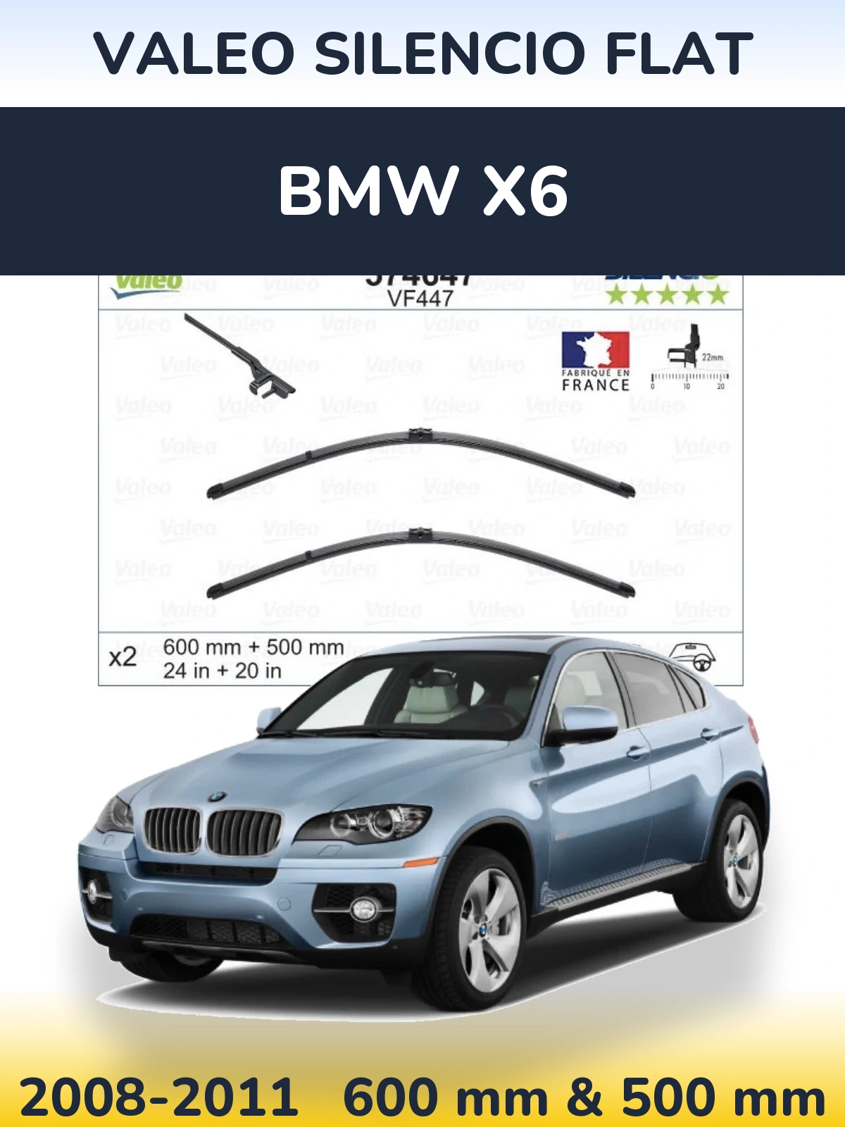 Komplet przednich wycieraczek Valeo Silencio Flat 600 & 500 mm do BMW X6 2008-2011