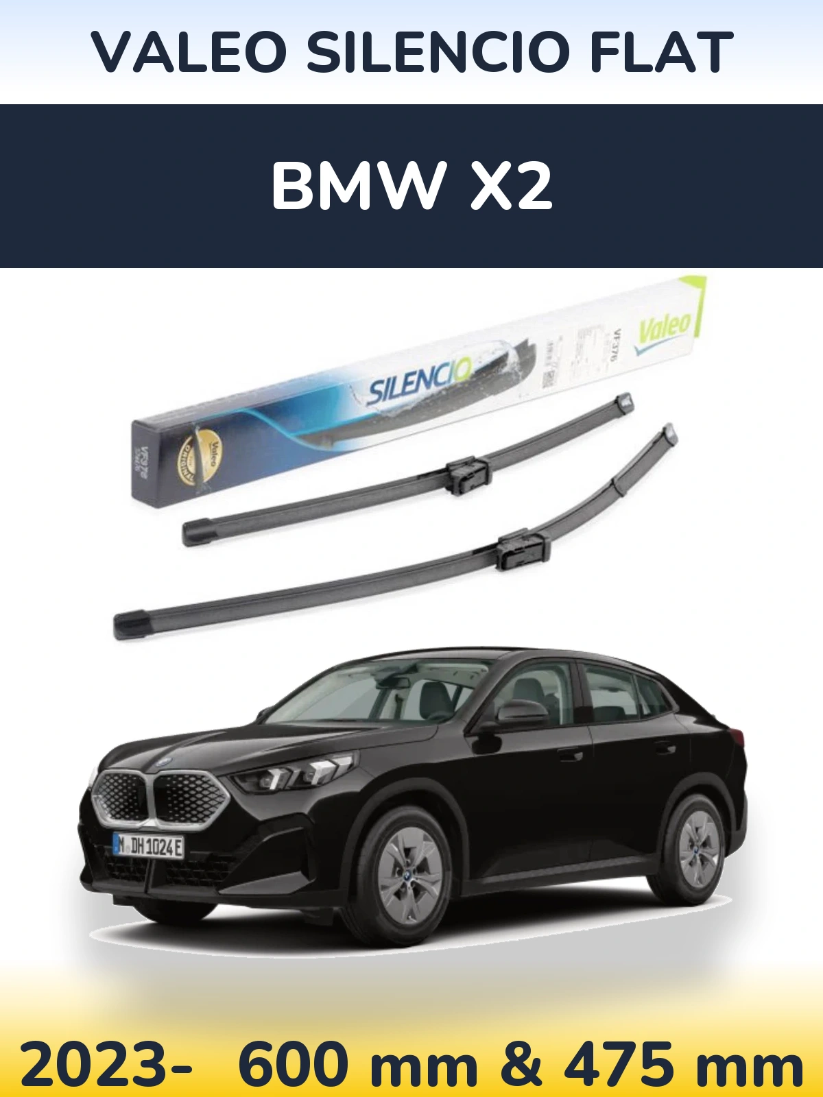 Front wiper blade set Valeo Silencio Flat 600 & 475 mm for BMW X2 2023-2026