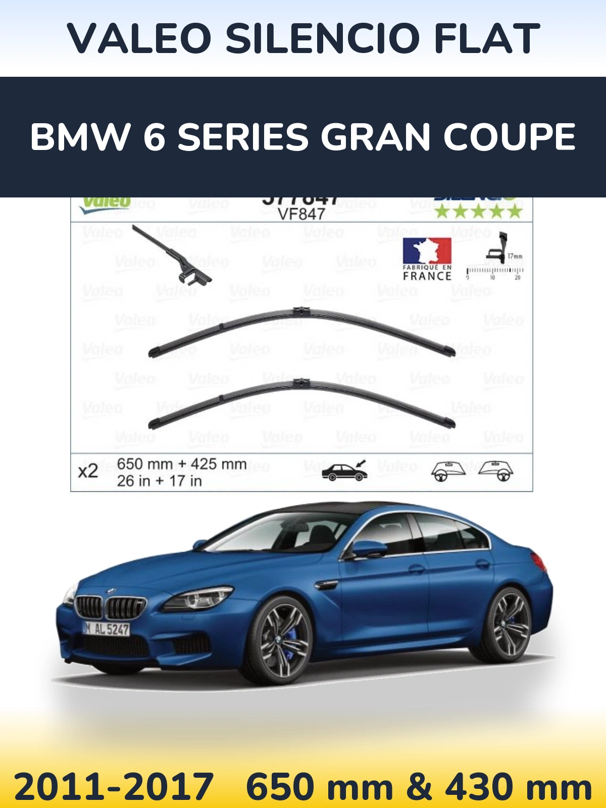 Комплект передних дворников Valeo Silencio Flat 650 & 430 мм для BMW 6 Series Gran Coupe 2011-2017