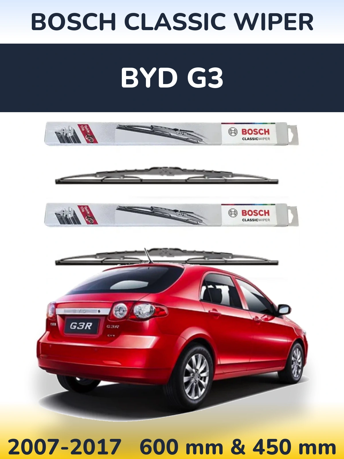 Komplet przednich wycieraczek BOSCH Classic Wiper 600 & 450 mm do BYD G3 2007-2017