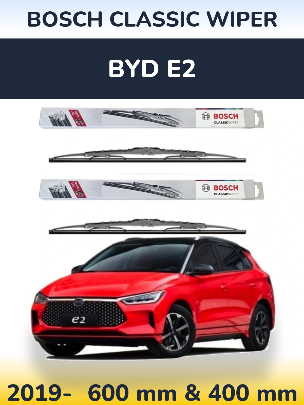 Front wiper blade set BOSCH Classic Wiper 600 & 400 mm for BYD E2 2019-2026