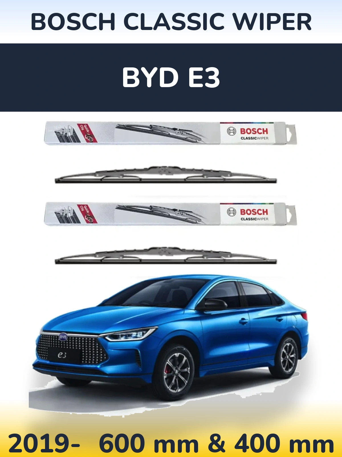 Front wiper blade set BOSCH Classic Wiper 600 & 400 mm for BYD E3 2019-2026