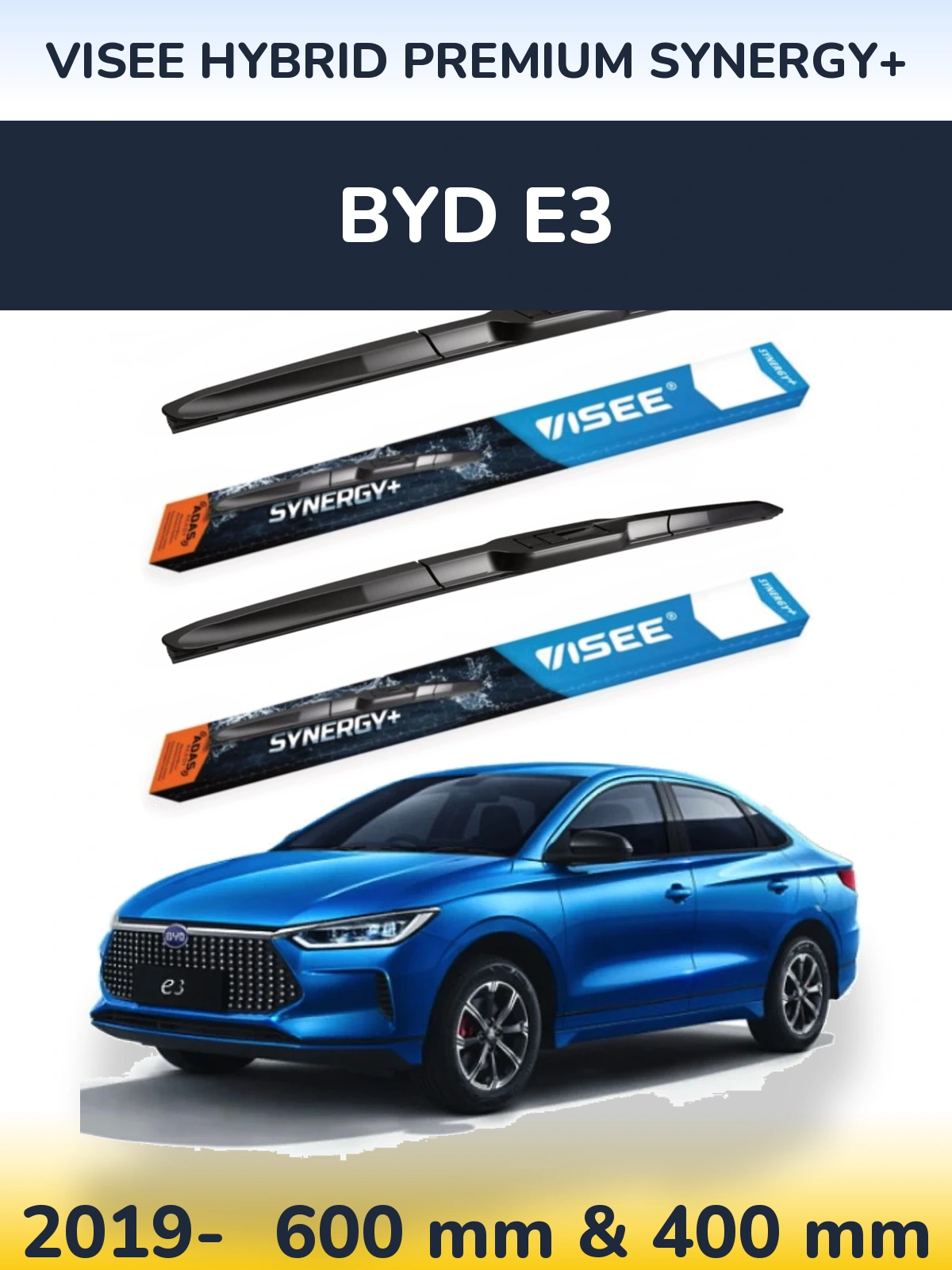 Komplet przednich wycieraczek VISEE HYBRID PREMIUM SYNERGY+ 600 & 400 mm do BYD E3 2019-2026