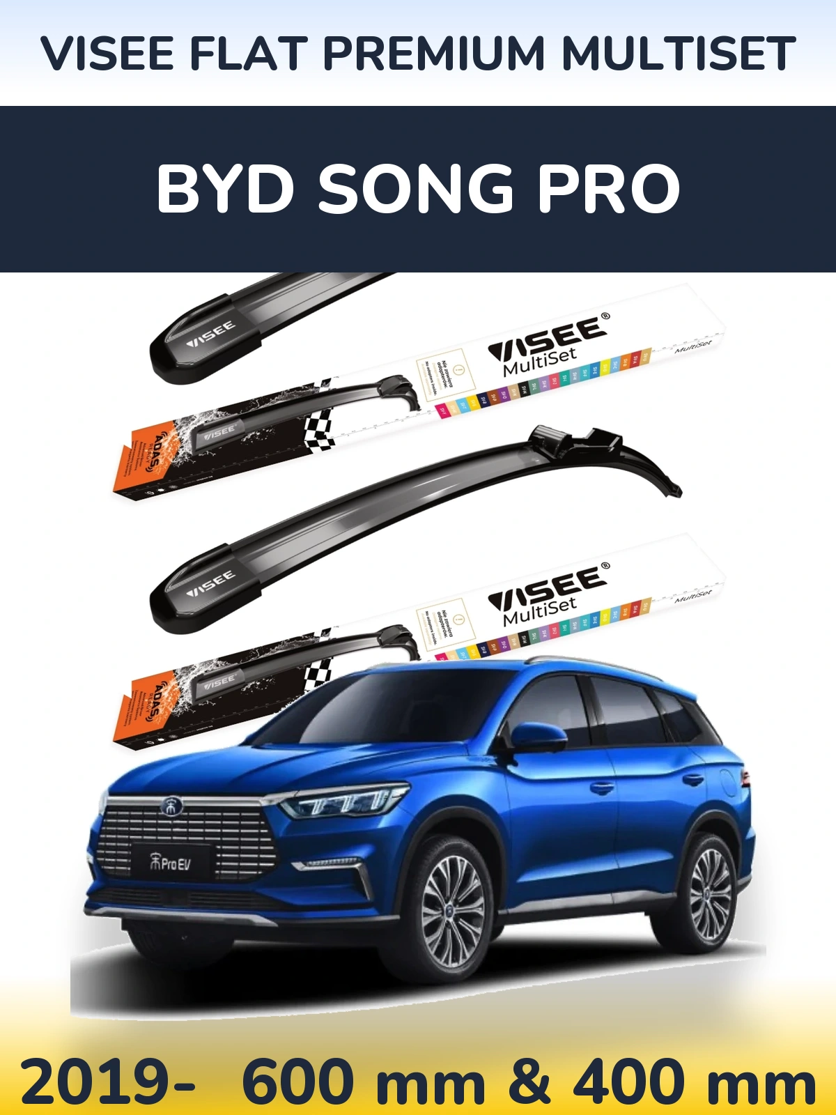 Komplet przednich wycieraczek VISEE FLAT PREMIUM MultiSet 600 & 400 mm do BYD Song Pro 2019-2026