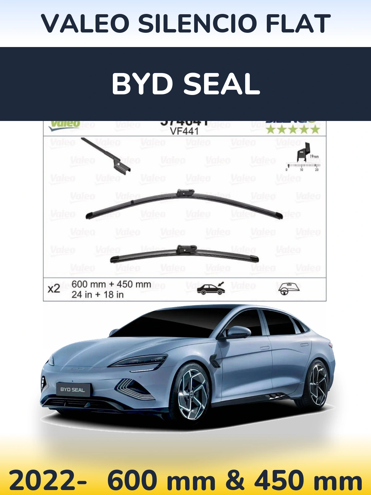 Komplet przednich wycieraczek Valeo Silencio Flat 600 & 450 mm do BYD Seal 2022-2026