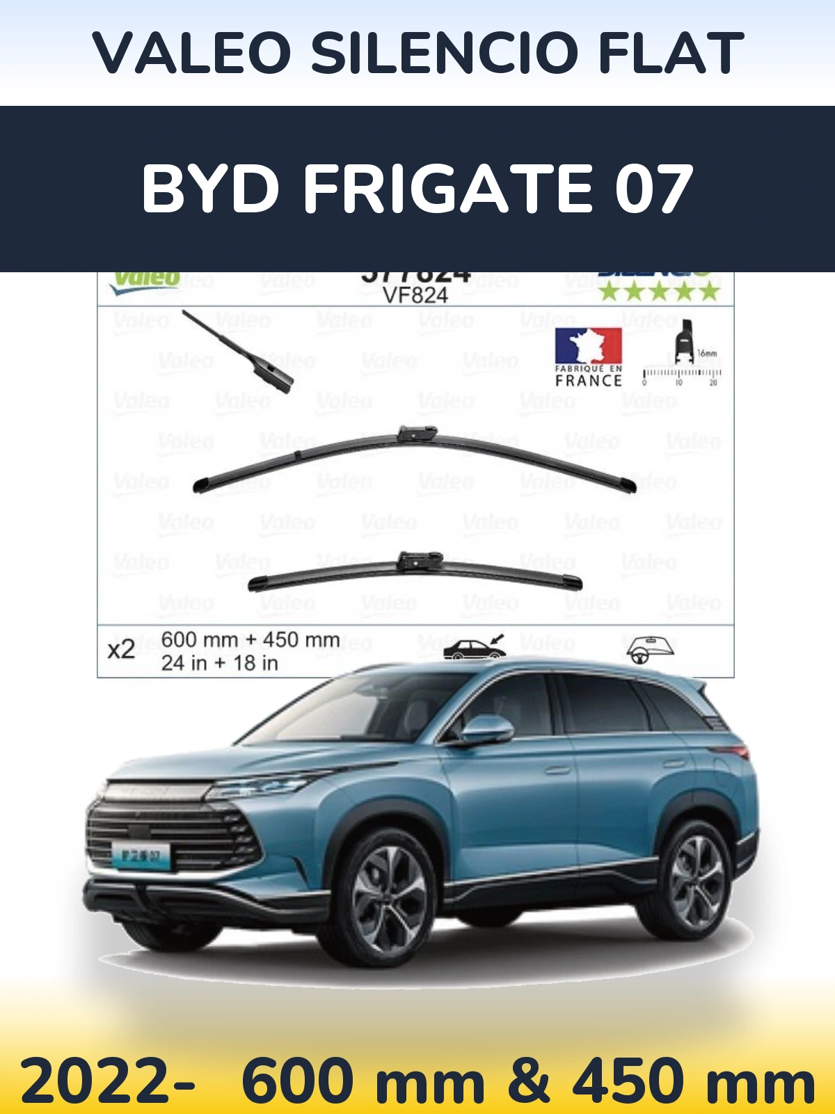 Front wiper blade set Valeo Silencio Flat 600 & 450 mm for BYD Frigate 07 2022-2026