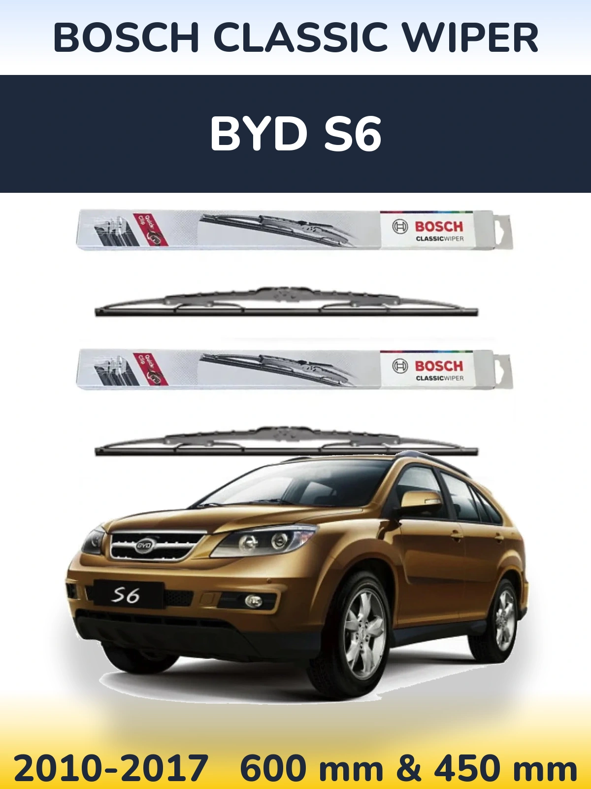 Front wiper blade set BOSCH Classic Wiper 600 & 450 mm for BYD S6 2010-2017