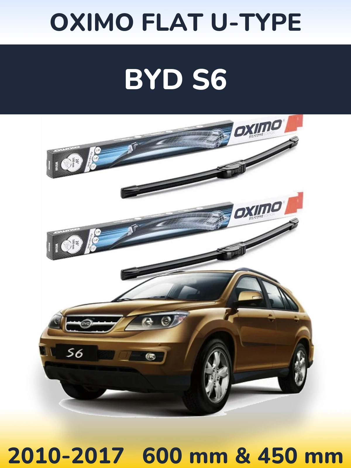 Комплект передних дворников Oximo Flat U-type 600 & 450 мм для BYD S6 2010-2017