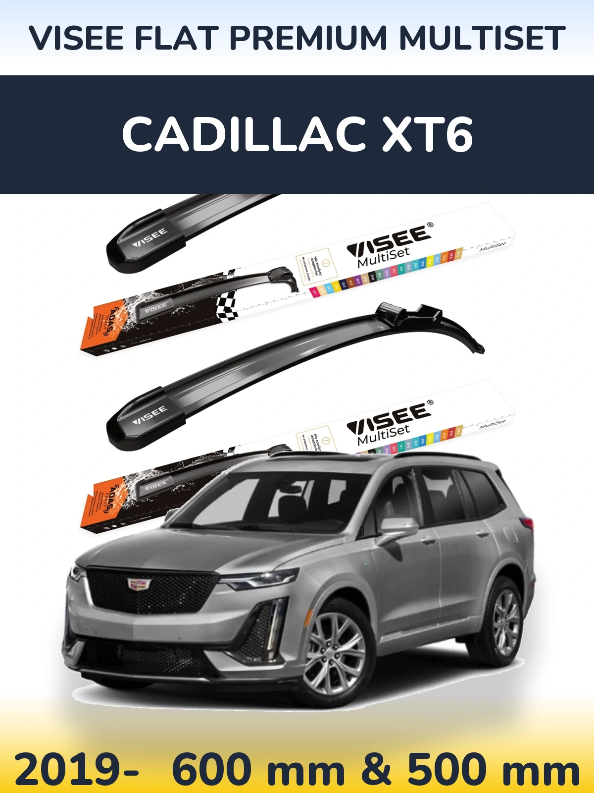Komplet przednich wycieraczek VISEE FLAT PREMIUM MultiSet 600 & 500 mm do Cadillac XT6 2019-2026