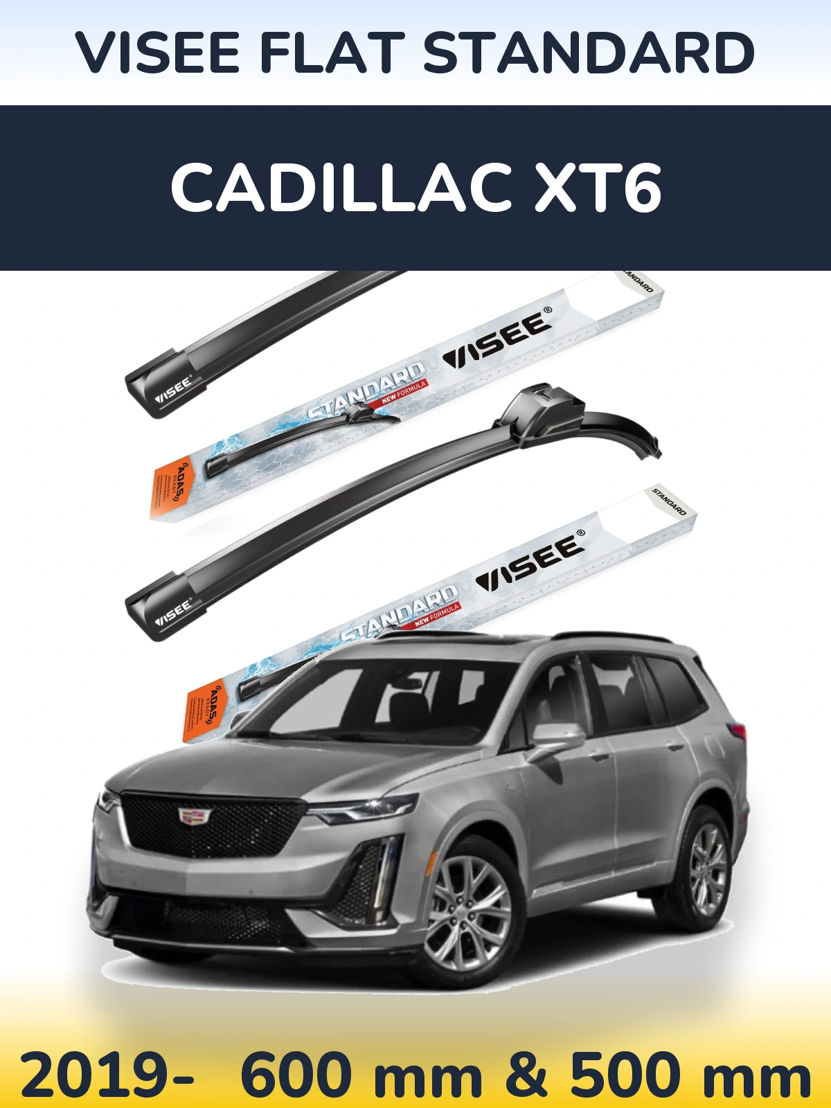 Komplet przednich wycieraczek VISEE FLAT STANDARD 600 & 500 mm do Cadillac XT6 2019-2026