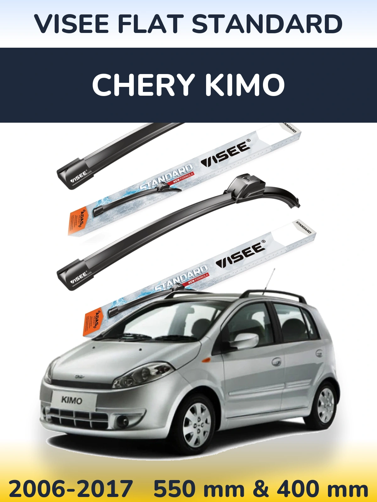 Front wiper blade set VISEE FLAT STANDARD 550 & 400 mm for Chery Kimo 2006-2017