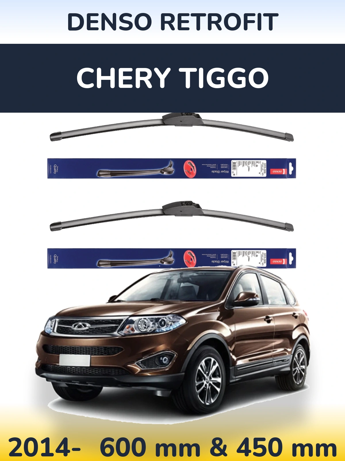 Front wiper blade set Denso Retrofit 600 & 450 mm for Chery Tiggo 2014-2026