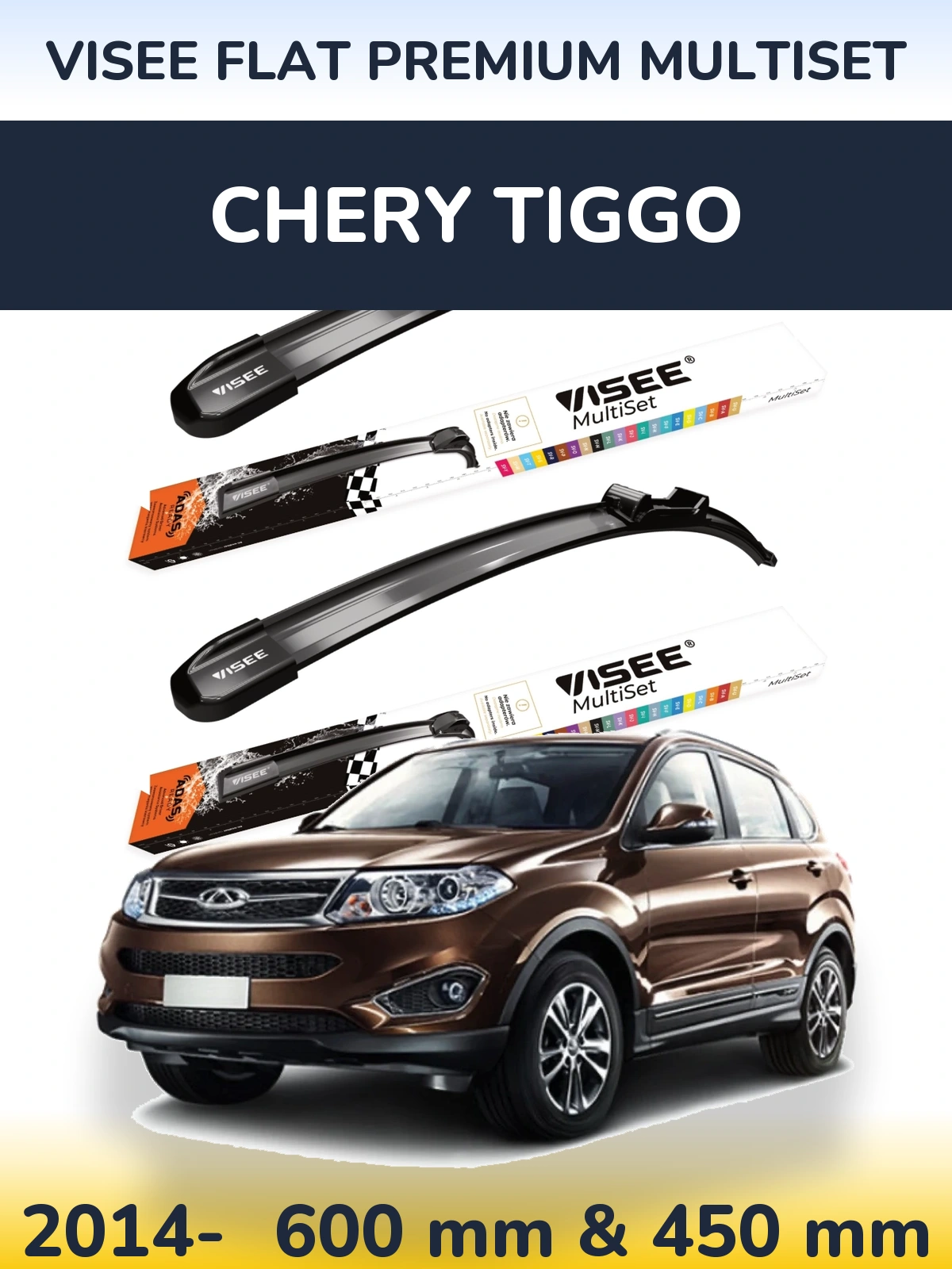 Komplet przednich wycieraczek VISEE FLAT PREMIUM MultiSet 600 & 450 mm do Chery Tiggo 2014-2026