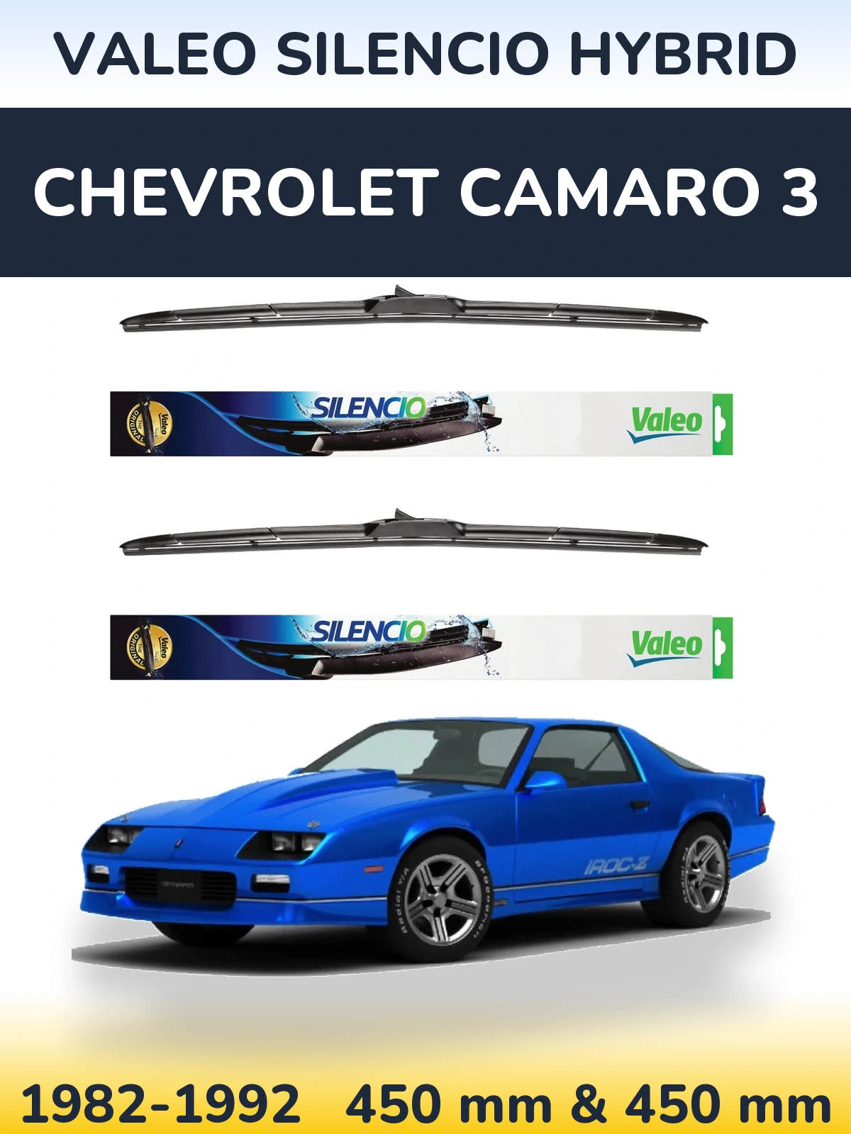 Komplet przednich wycieraczek Valeo Silencio Hybrid 450 & 450 mm do Chevrolet Camaro 3 1982-1992