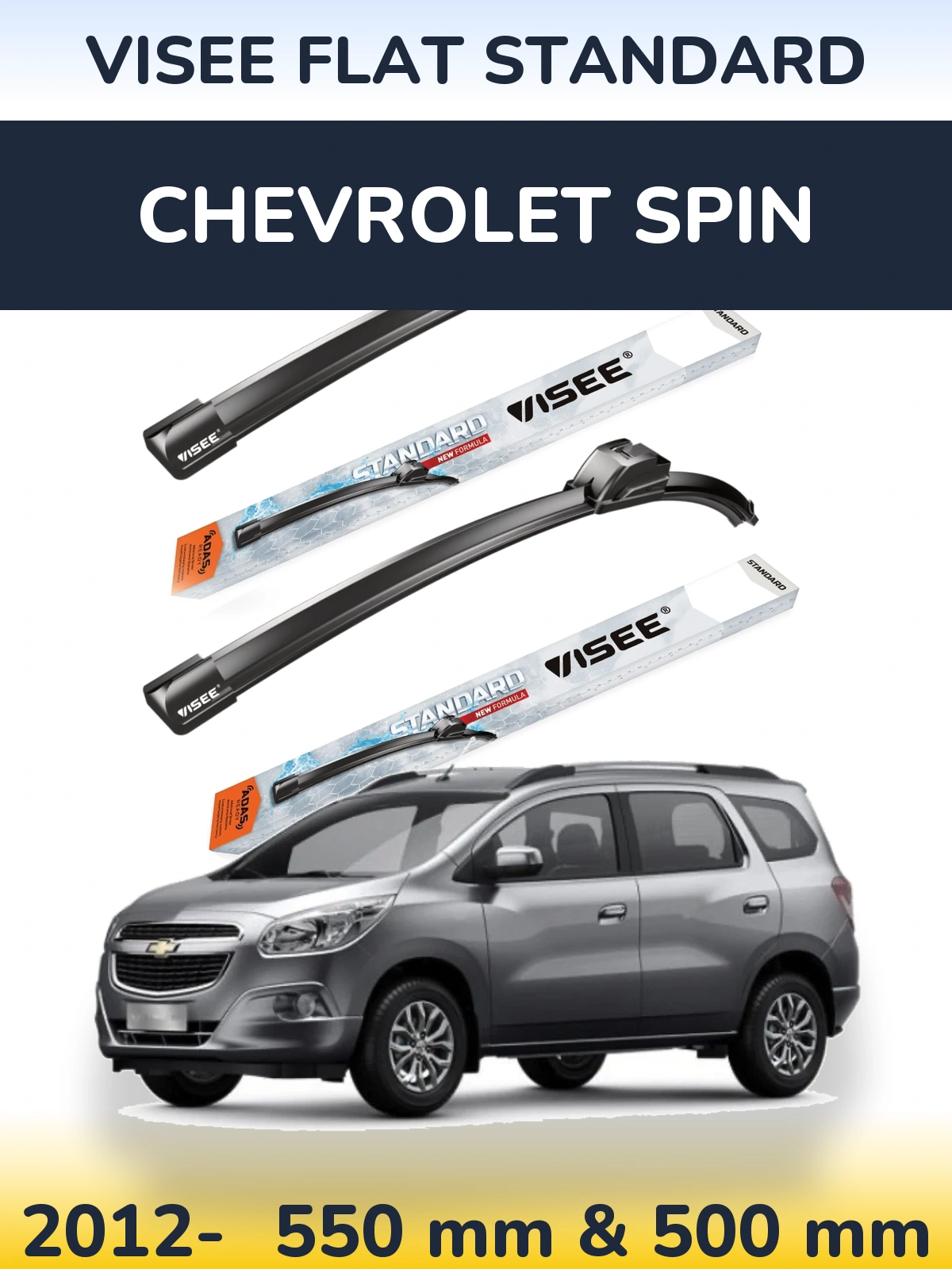 Front wiper blade set VISEE FLAT STANDARD 550 & 500 mm for Chevrolet Spin 2012-2026