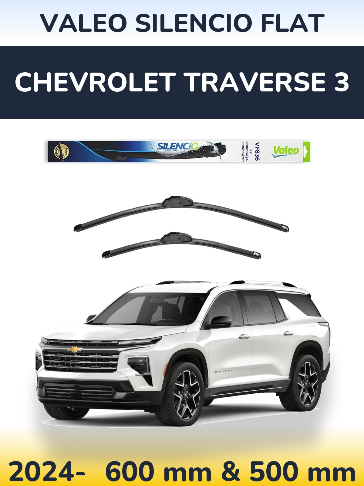 Komplet przednich wycieraczek Valeo Silencio Flat 600 & 500 mm do Chevrolet Traverse 3 2024-2026