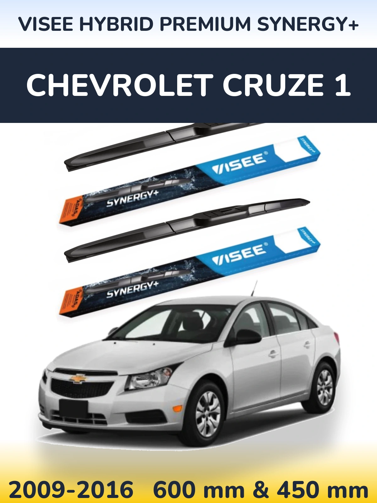 Front wiper blade set VISEE HYBRID PREMIUM SYNERGY+ 600 & 450 mm for Chevrolet Cruze 1 2009-2016