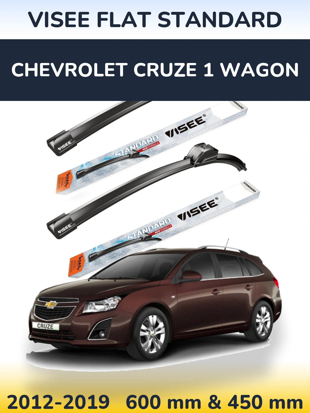 Komplet przednich wycieraczek VISEE FLAT STANDARD 600 & 450 mm do Chevrolet Cruze 1 Wagon 2012-2019