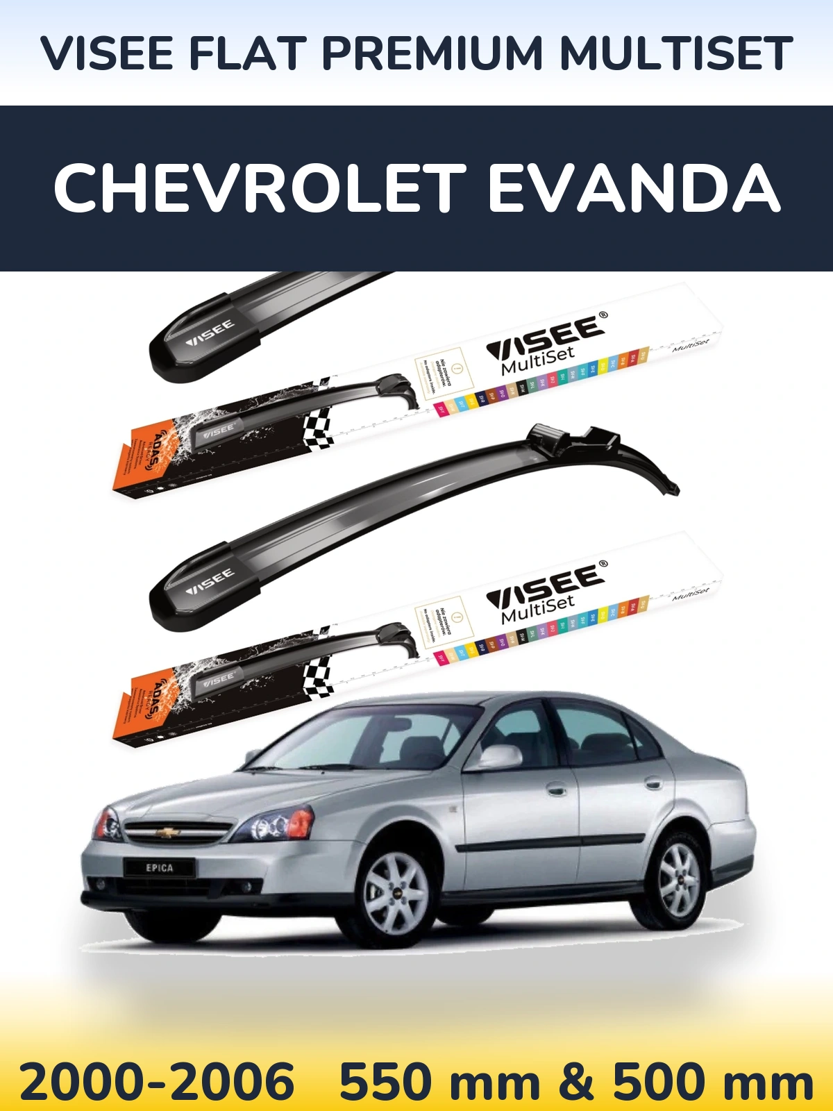 Front wiper blade set VISEE FLAT PREMIUM MultiSet 550 & 500 mm for Chevrolet Evanda 2000-2006