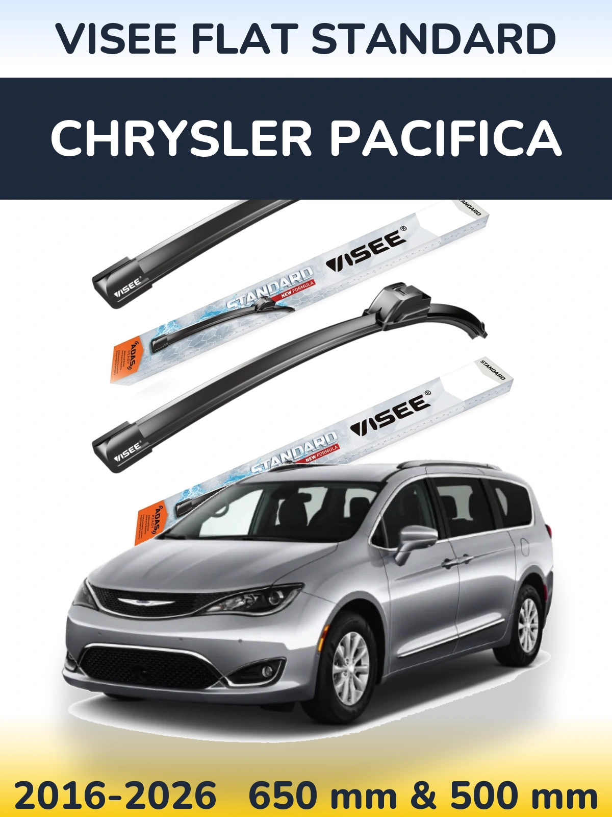 Комплект передних дворников VISEE FLAT STANDARD 650 & 500 мм для Chrysler Pacifica 2016-2026