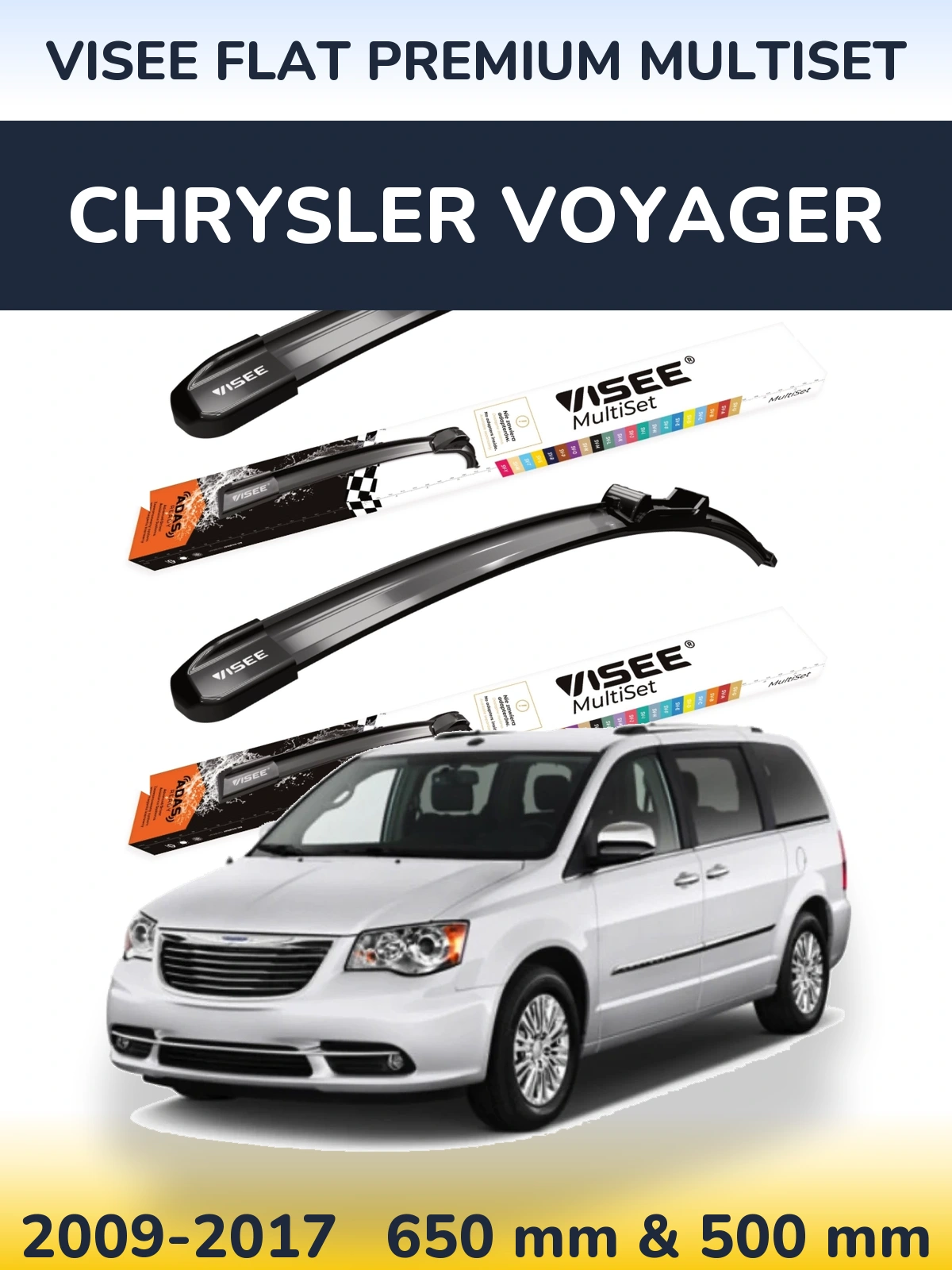 Комплект передних дворников VISEE FLAT PREMIUM MultiSet 650 & 500 мм для Chrysler Voyager 2009-2017