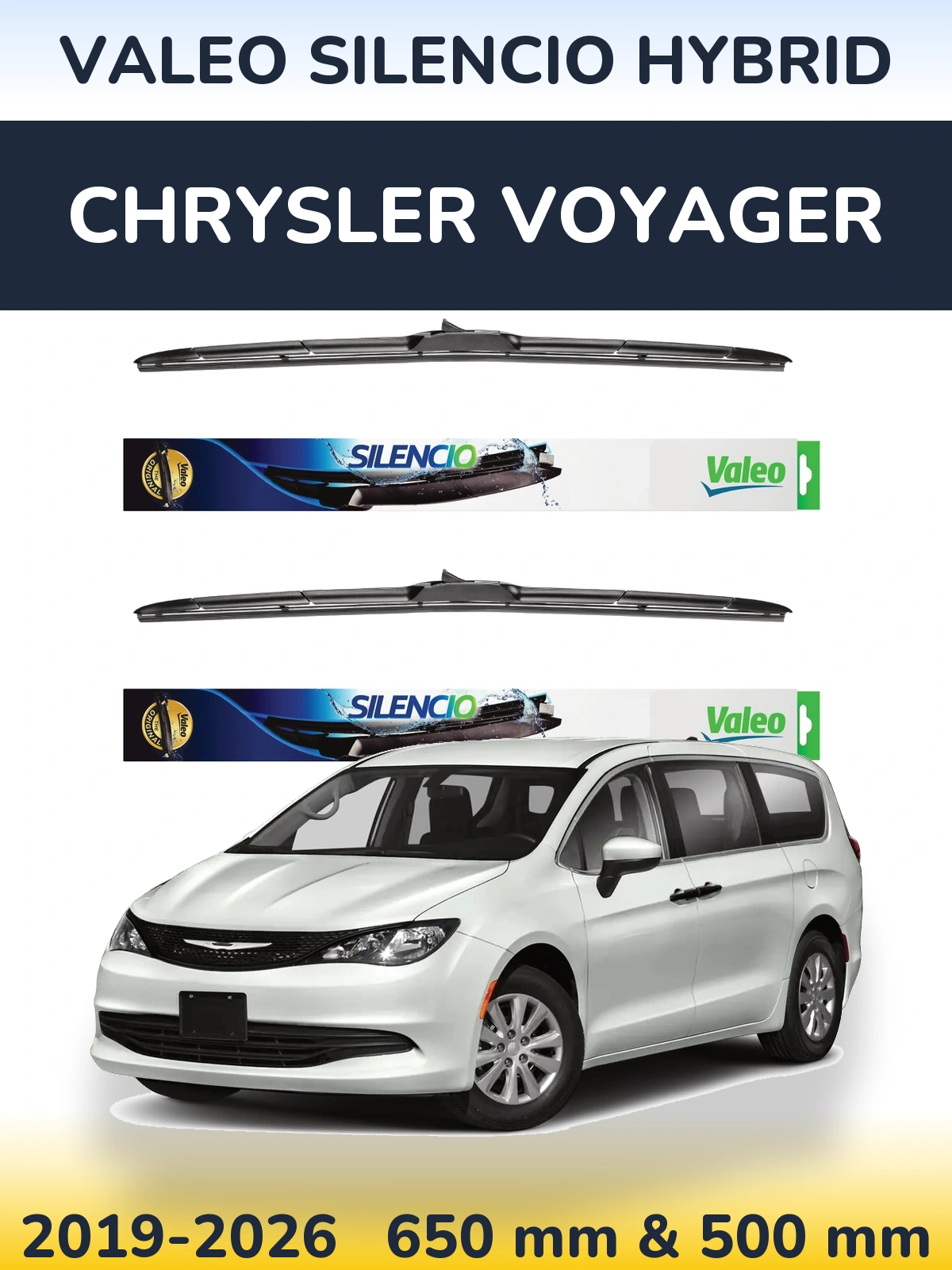 Komplet przednich wycieraczek Valeo Silencio Hybrid 650 & 500 mm do Chrysler Voyager 2019-2026