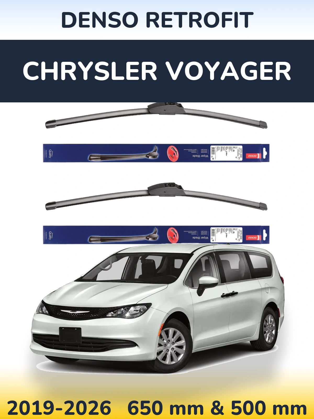 Komplet przednich wycieraczek Denso Retrofit 650 & 500 mm do Chrysler Voyager 2019-2026