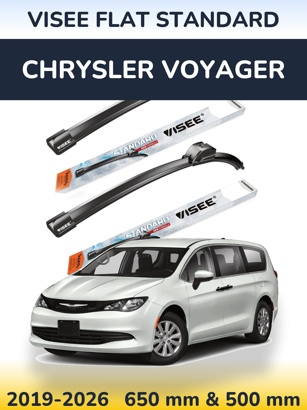 Komplet przednich wycieraczek VISEE FLAT STANDARD 650 & 500 mm do Chrysler Voyager 2019-2026