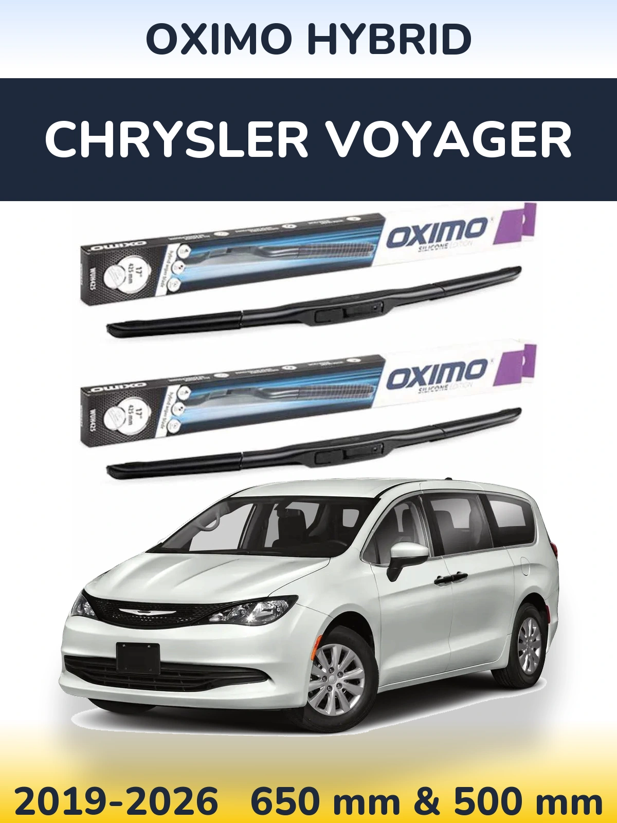 Комплект передних дворников Oximo Hybrid 650 & 500 мм для Chrysler Voyager 2019-2026