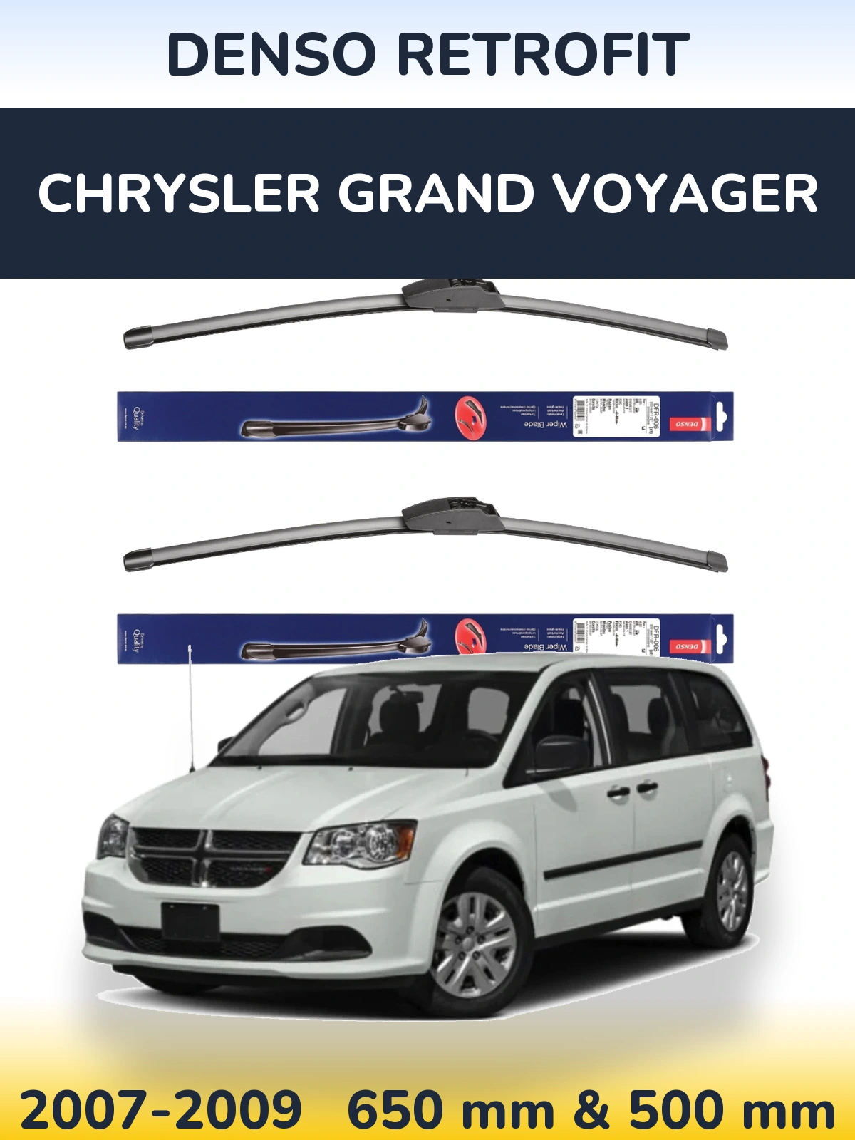 Front wiper blade set Denso Retrofit 650 & 500 mm for Chrysler Grand Voyager 2007-2009