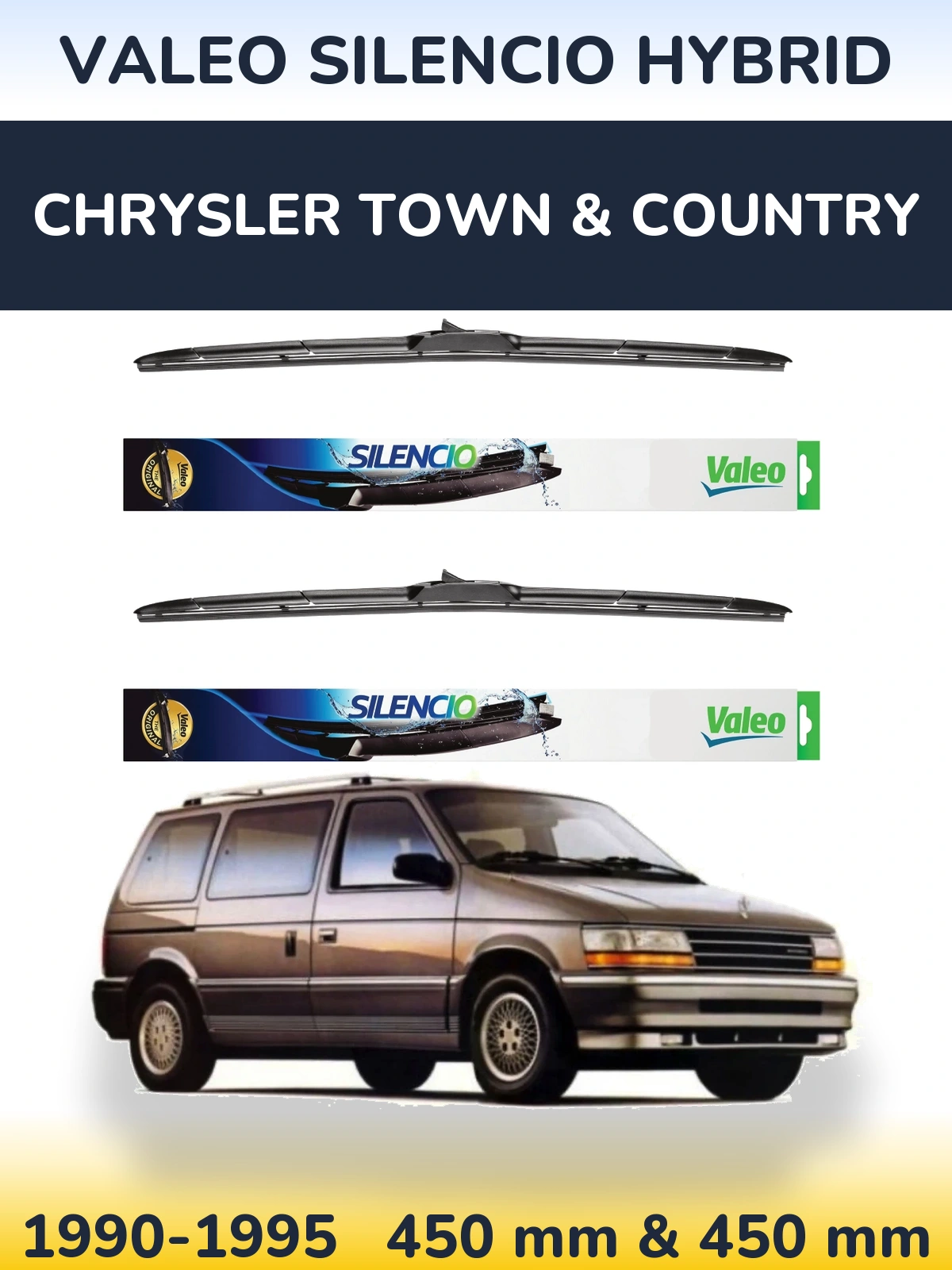 Komplet przednich wycieraczek Valeo Silencio Hybrid 450 & 450 mm do Chrysler Town & Country 1990-1995