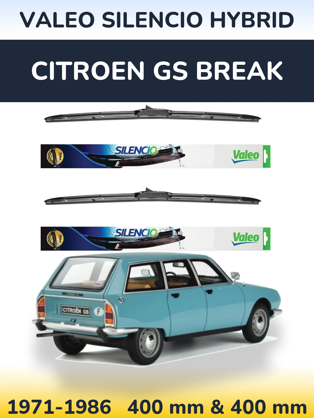 Komplet przednich wycieraczek Valeo Silencio Hybrid 400 & 400 mm do Citroen GS Break 1971-1986