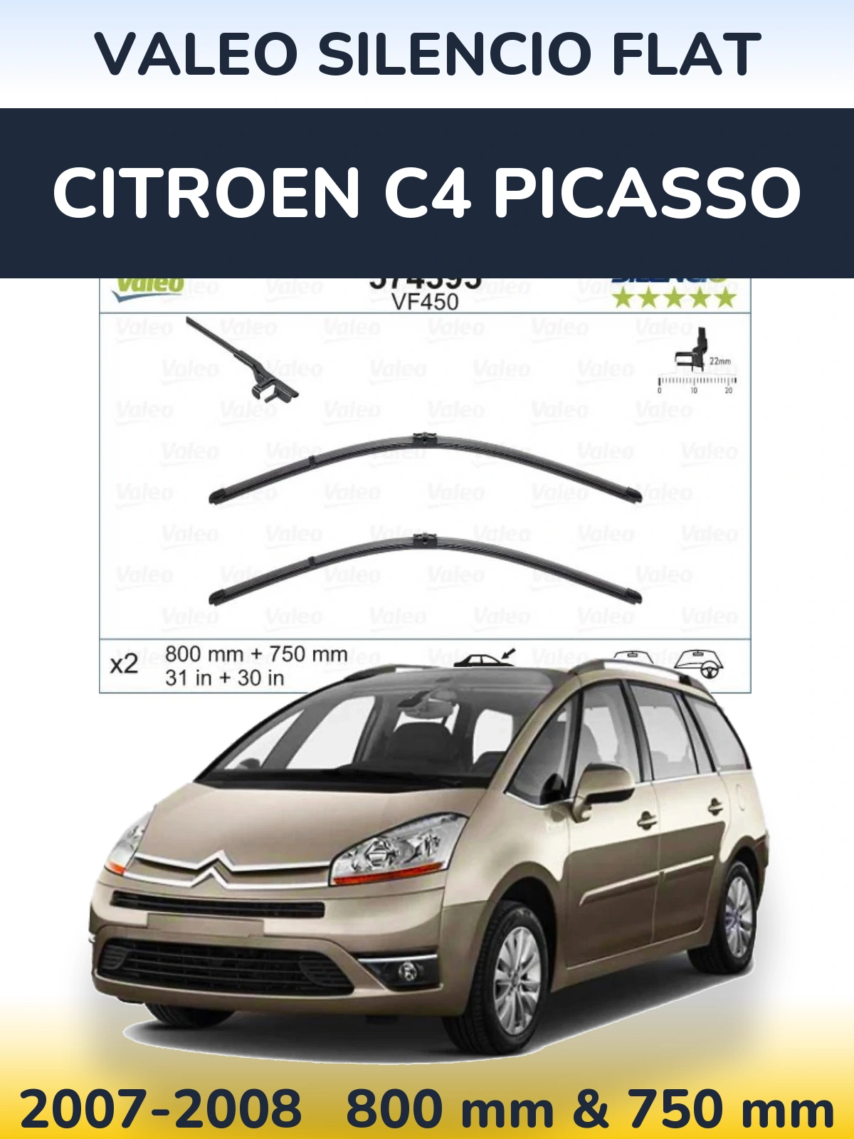 Комплект передних дворников Valeo Silencio Flat 800 & 750 мм для Citroen C4 Picasso 2007-2008