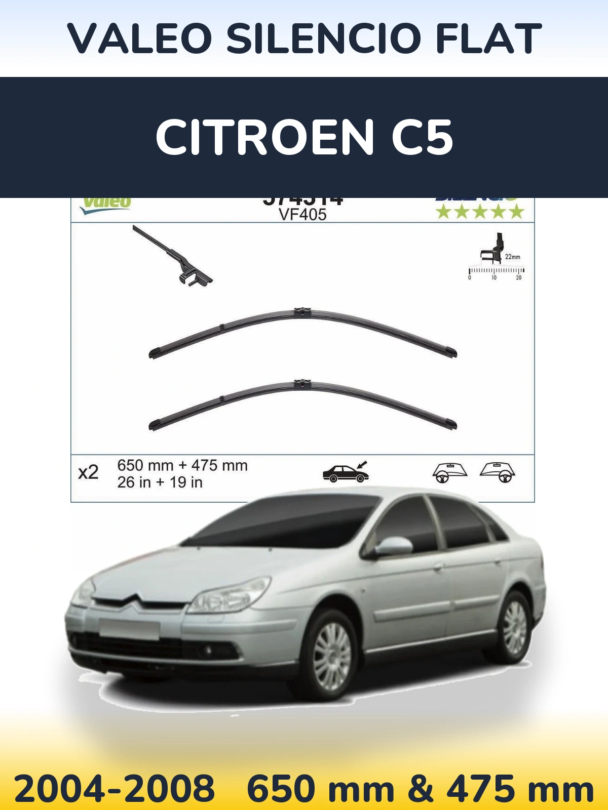 Комплект передних дворников Valeo Silencio Flat 650 & 475 мм для Citroen C5 2004-2008
