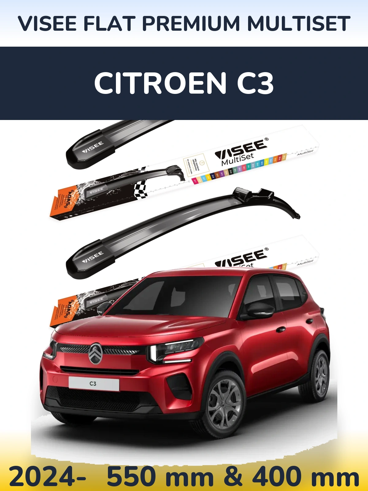 Комплект передних дворников VISEE FLAT PREMIUM MultiSet 550 & 400 мм для Citroen C3 2024-2026