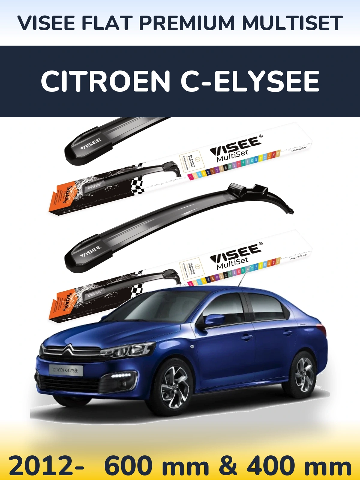 Комплект передних дворников VISEE FLAT PREMIUM MultiSet 600 & 400 мм для Citroen C-Elysee 2012-2026