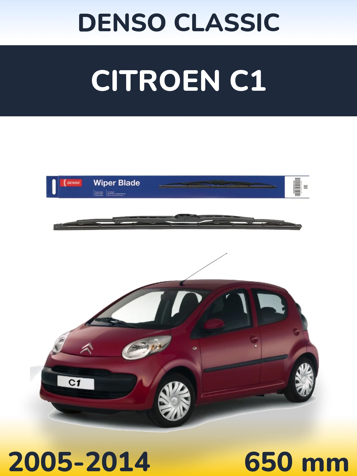 Front wiper blade Denso Classic 650 mm for Citroen C1 2005-2014