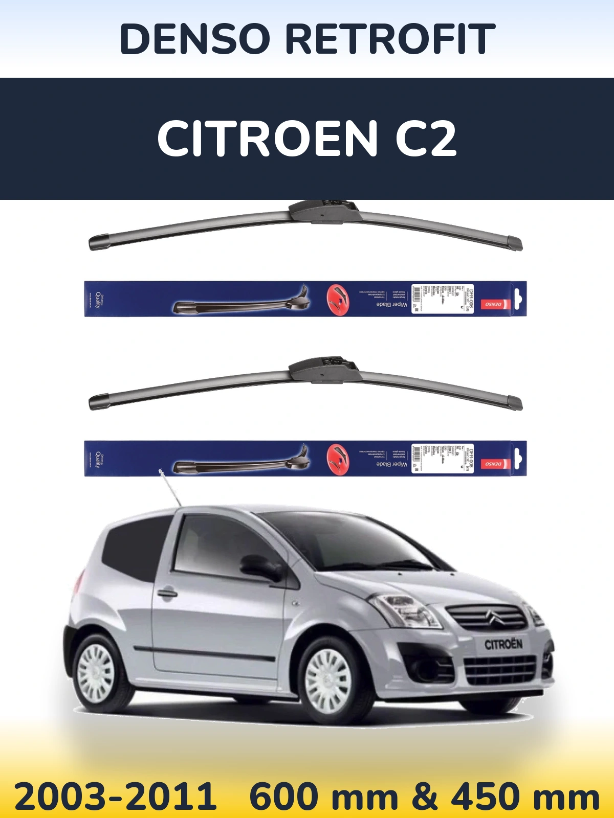Komplet przednich wycieraczek Denso Retrofit 600 & 450 mm do Citroen C2 2003-2011