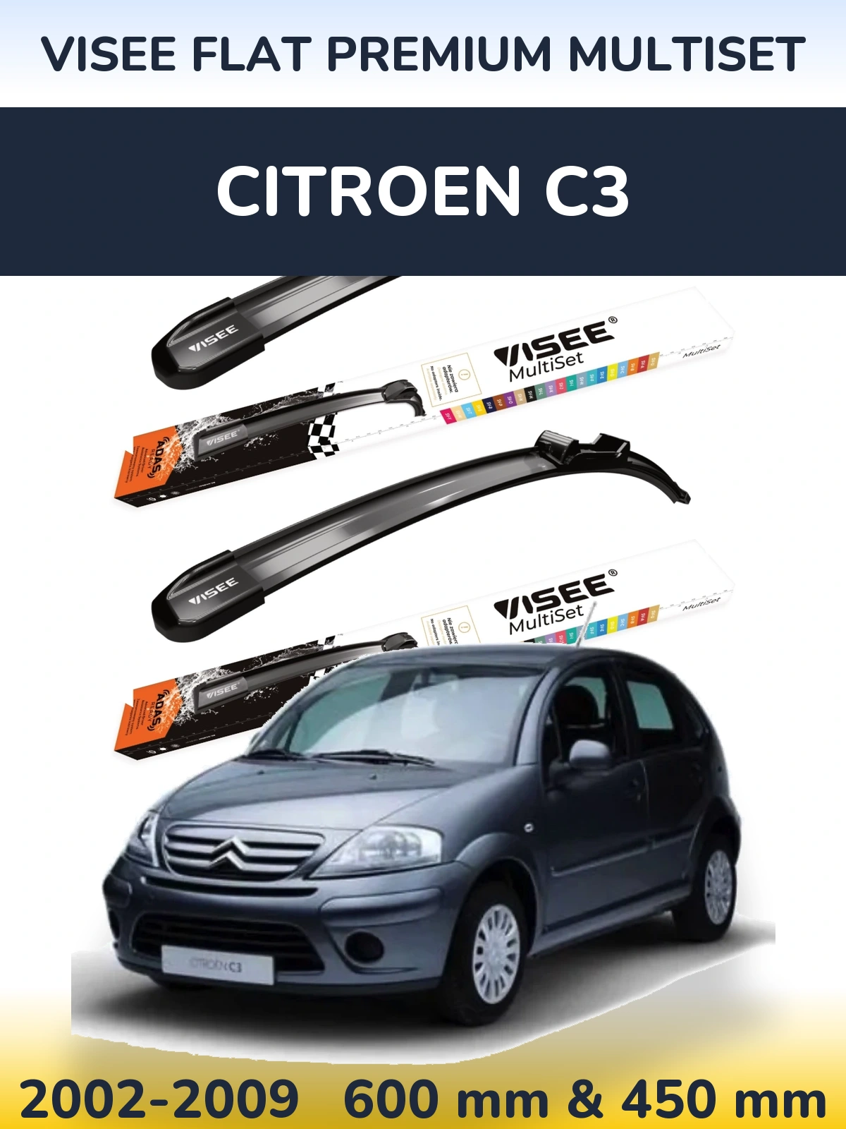 Комплект передних дворников VISEE FLAT PREMIUM MultiSet 600 & 450 мм для Citroen C3 2002-2009