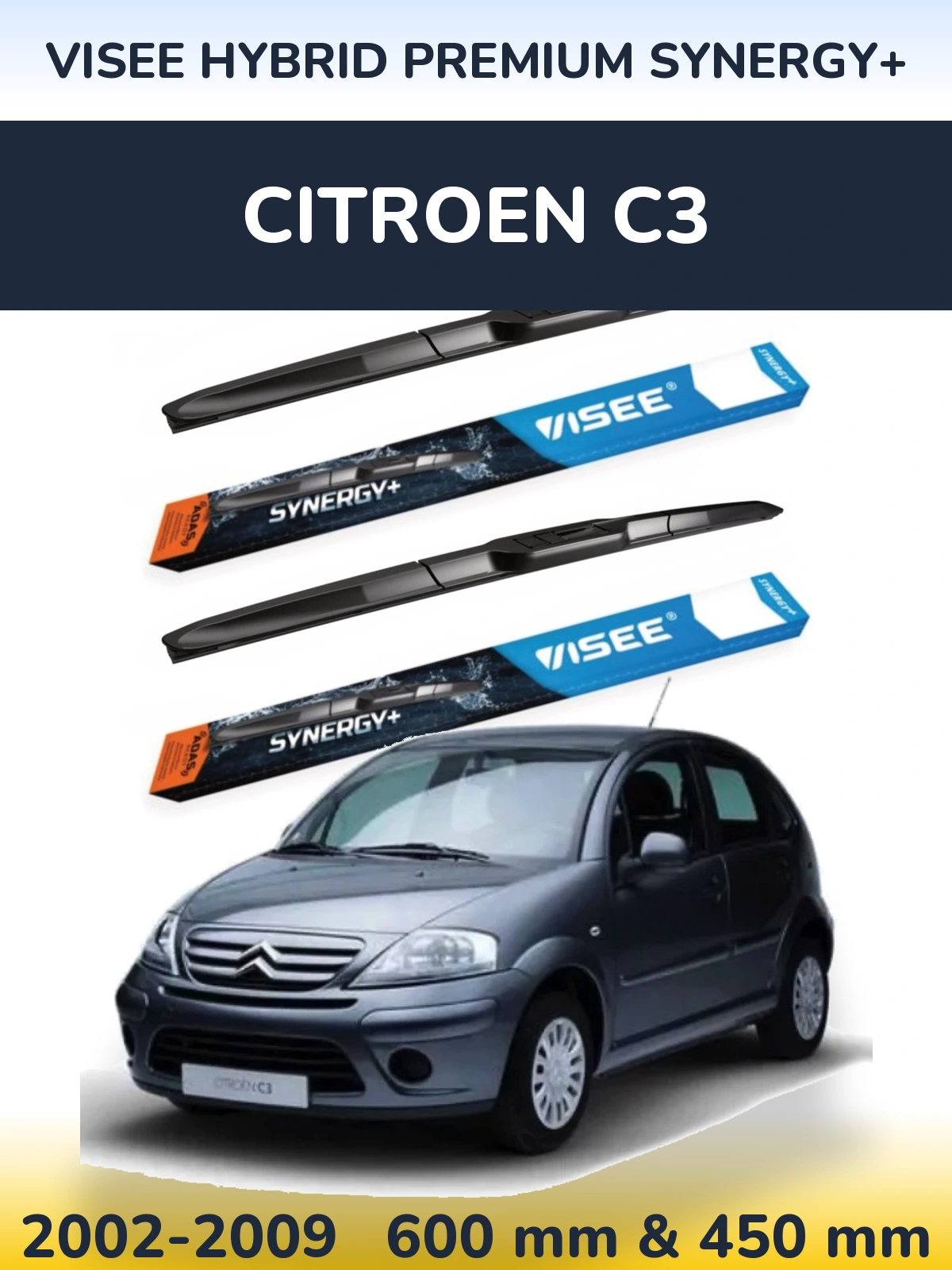Комплект передних дворников VISEE HYBRID PREMIUM SYNERGY+ 600 & 450 мм для Citroen C3 2002-2009