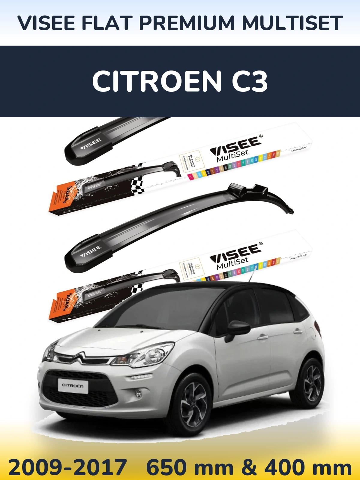 Komplet przednich wycieraczek VISEE FLAT PREMIUM MultiSet 650 & 400 mm do Citroen C3 2009-2017
