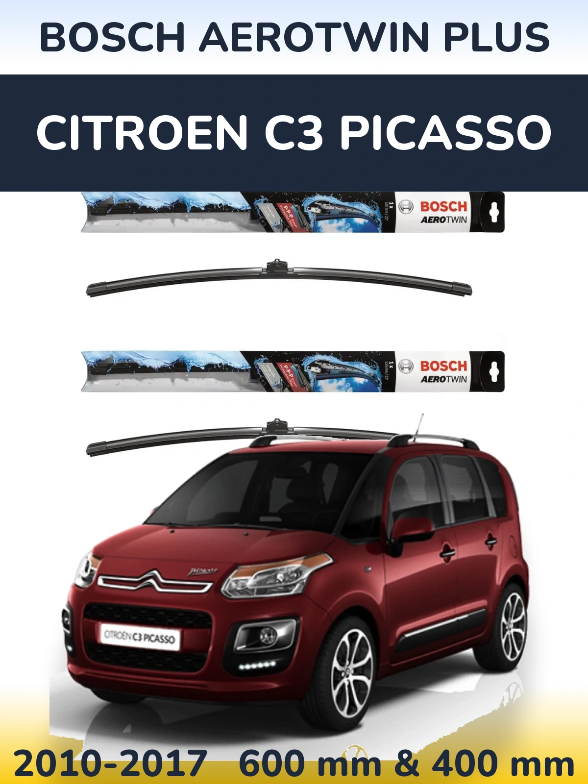 Комплект передних дворников BOSCH AeroTwin Plus 600 & 400 мм для Citroen C3 Picasso 2010-2017
